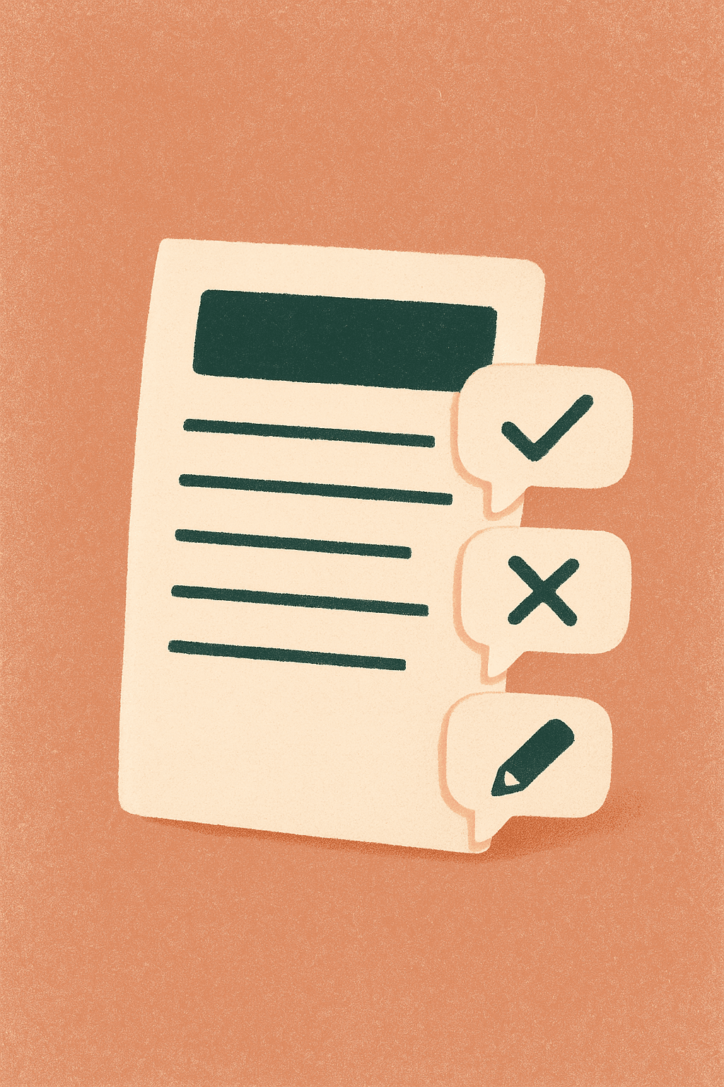 Illustration of a CV document with three feedback comment bubbles: a tick, a cross, and a pencil edit.