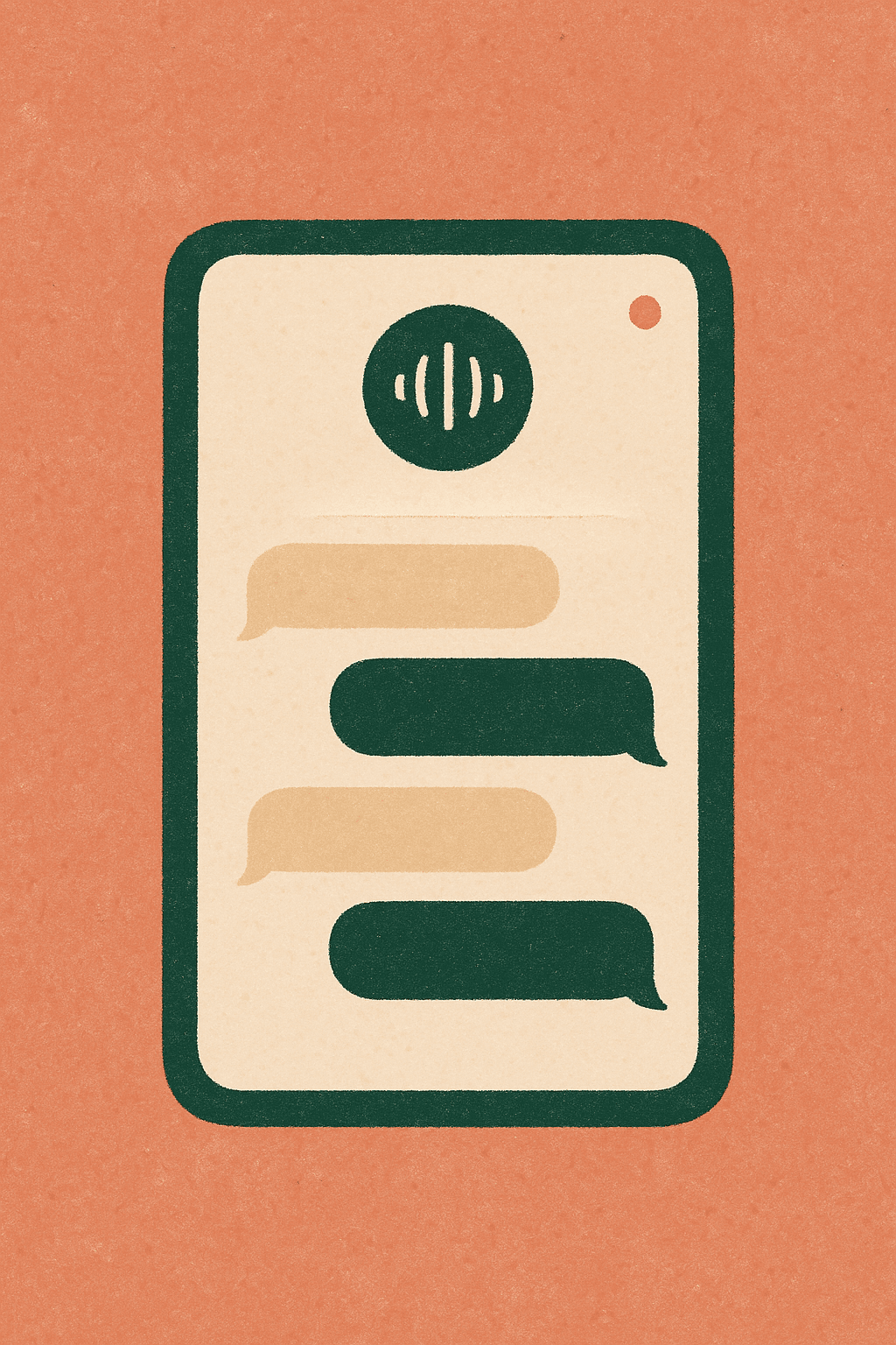 Illustration of a tablet showing a live audio waveform indicator and a stack of chat bubbles representing an interview Q&A.