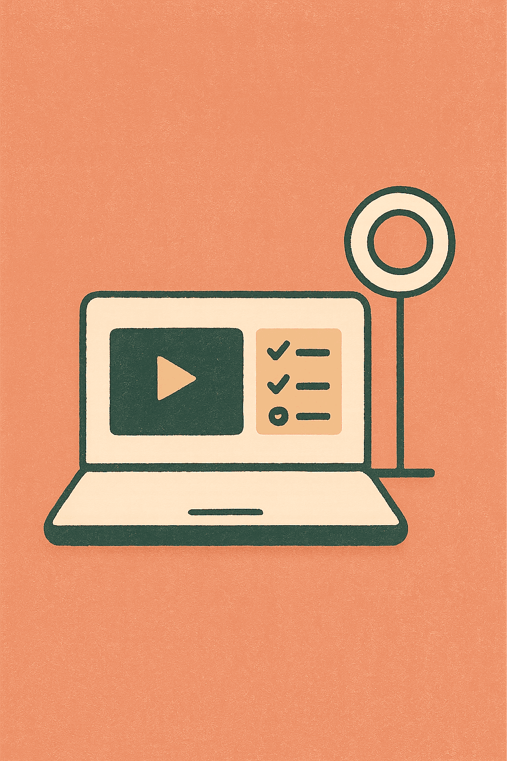 Illustration of a laptop showing a video player alongside a coach feedback checklist, with a ring light beside it.