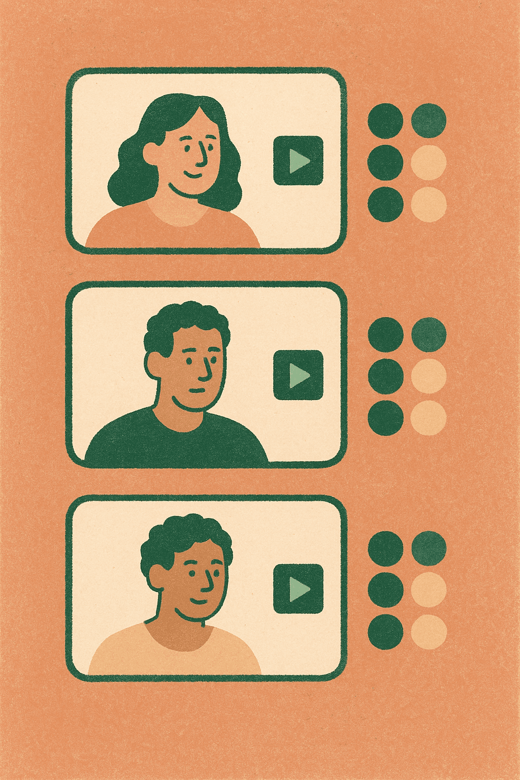 Illustration of three candidate video tiles stacked vertically, each scored on the four meritt behaviours by AI.