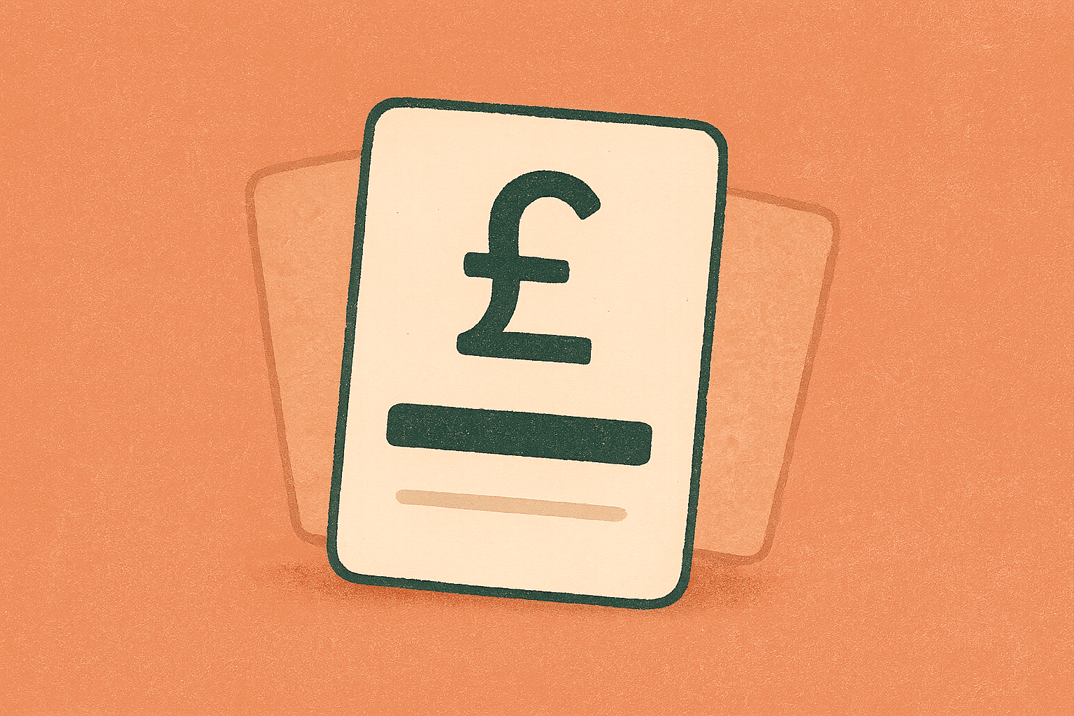 Illustration of a single flat-fee pricing card on a peach background, two faded comparison cards behind it.
