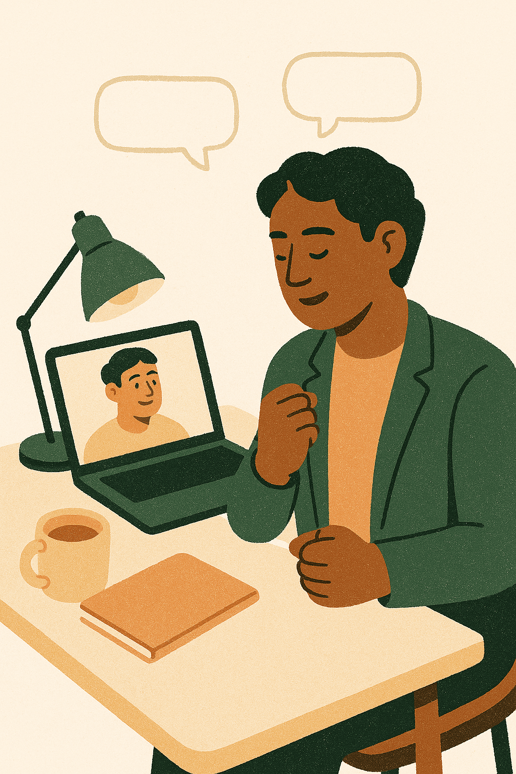 Illustration of a salesperson practising a pitch with a friendly coach on a laptop.