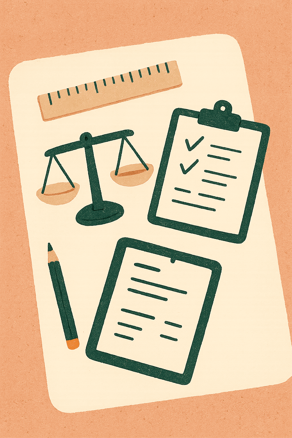Illustration of methodology tools arranged on a desk: scales, a ruler, a clipboard and a pencil.