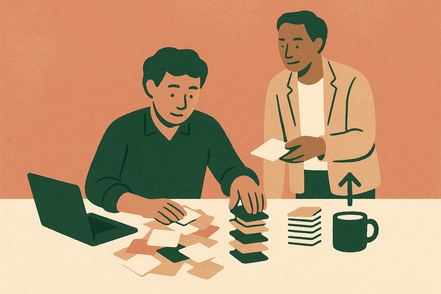 Illustration of a founders associate triaging a messy pile of tasks beside a founder, with ownership icons.